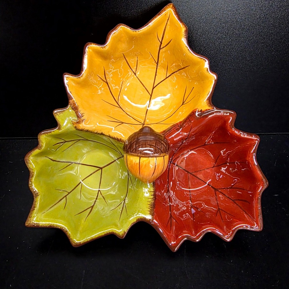 Formation Brands Leaf Serving Dish 9" Orange Green Red Acorn Autumn Thanksgiving